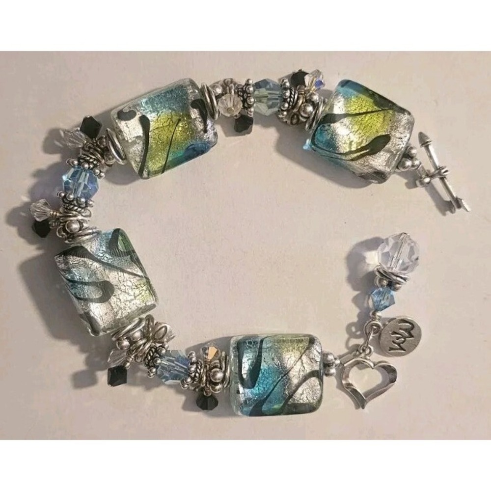 WW Signed Colored Glass Beaded Crystal Aurora Sterling Silver 925 Bracelet 8"